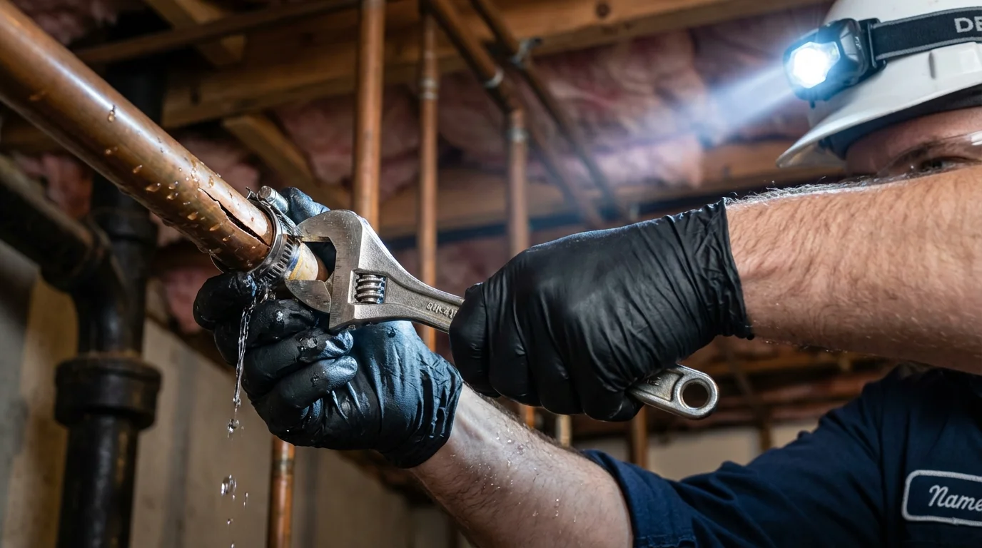 Emergency pipe clamp repair being performed by a Johns Plumbing LLC plumber in Williamston