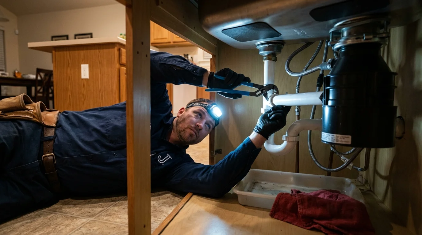 P-trap and supply line connections under a kitchen sink showing a common leak point in Williamston, NC